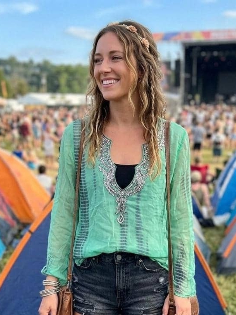 Embellished Mint Green Boho Tunic Top • Size  M